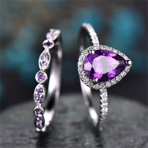 HaoMo 2 Pcs Gorgeous Purple Cubic Zirconia Bridal Prom Engagement Pear Shaped Teardrop Ring Set Marquise Matching Band Amethyst Birthstone Ring Et...