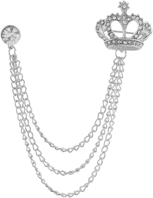 Rhinestone Crown Long Chain Brooch.Gold Silver Tassel Brooch Pin,Retro Crystal Suit Pins Collar Coat Pin for Men's Accessories Pin Husband Gifts...