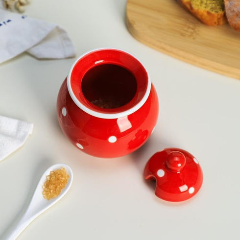 123Arts Ceramics Dot Sugar Salt Pepper Storage Jar Seasoning Pot with Lid And Spoon...