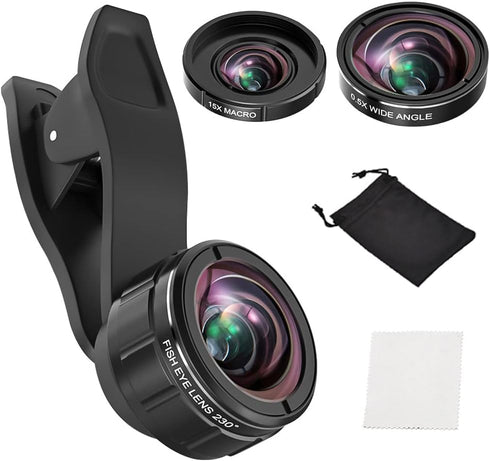 3 in 1 Lens Kit for iPhone and Android, 15X Macro Lens + 0.5X Wide Angle Lens + 230° Fisheye Lens, Phone Camera Lens, Color Black......