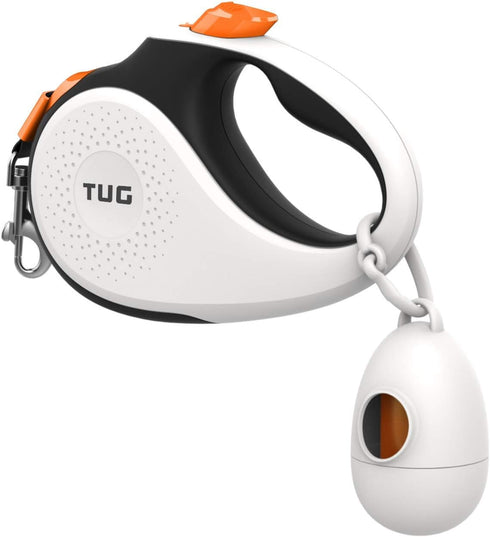 TUG 360° Tangle-Free Retractable Dog Leash with Waste Bag Dispenser (Small, White/Orange)...