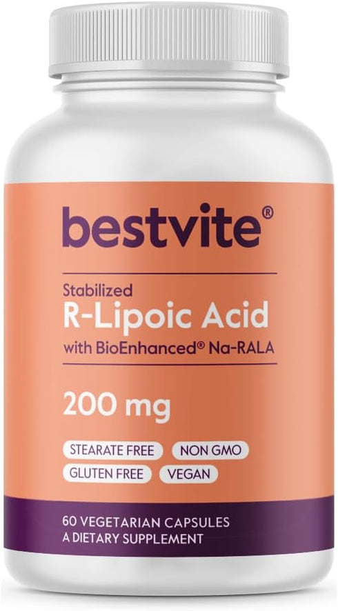 BESTVITE R-Lipoic Acid 200mg Stabilized with Bio-Enhanced Na-RLA (60 Vegetarian Capsules) - No Stearates - No Fillers - Vegan - Gluten Free - Non ...