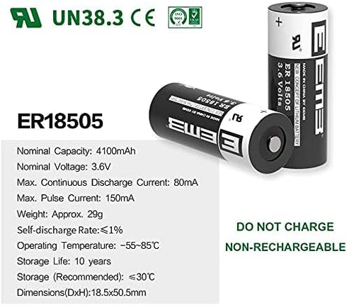 EEMB ER18505 Nonrechargeable 3.6V Lithium Battery Li-SOCL? 4100mAh High Capacity UL Certified Single-Use 3.6V Lithium Thionyl Chloride Battery DO ...