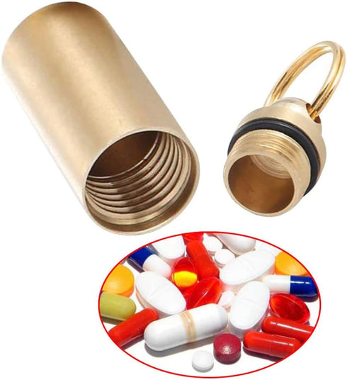 2pcs Brass Pill Holder Keychain Container Waterproof Pill Holder with Key Ring Pill Holder Container for Outdoor Travel Camping Daily Use...