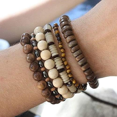 FIBO STEEL 2-10Pcs 8-11mm Wood Beaded Bracelet for Men Buddhist Beads Elastic...