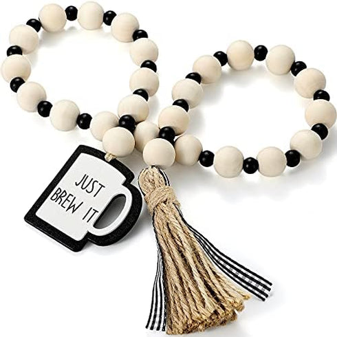 Jetec Coffee Bar Decor Wood Bead Garland with Tassel Coffee Bar Try Decor Accessories, Table, Shelf, Rustic Farmhouse Home...