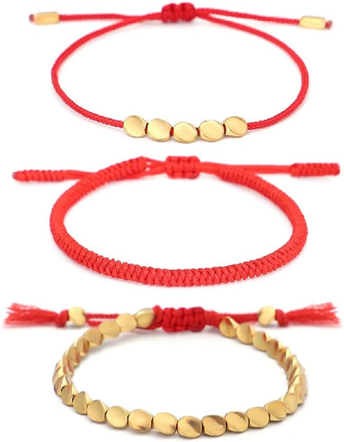 Pingyongchang 3 PCS Handmade Rope Red String Hand-Knitted Bracelets Tibetan Buddhist Woven Lucky Adjustable Cotton Copper Beads Bracelets for Wome...