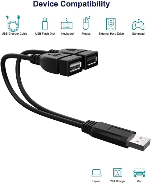 USB Cable, 2-Port USB 2.0 Male to Female Splitter, High-Speed Charging & Data Transfer for Laptop, Car, Mac, TV, PC, Xbox, HDD...