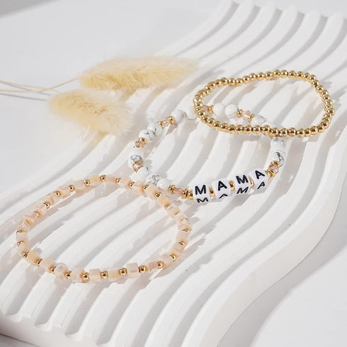 MAMA Bracelet Dainty Gold Crystal Beaded Bracelets Set for Women Stackable 14K Gold Plated Beads Nature Stone Layered Stretch Bracelets Mother's D...