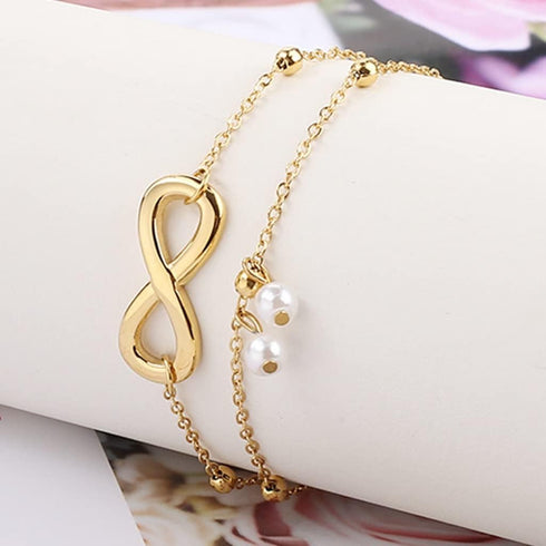 Jude Jewelers Stainless Steel Infinity Charm Faux Pearl Double Strand Anklets...