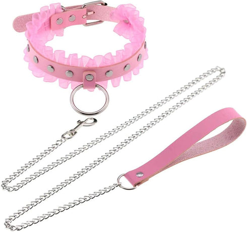 Multicolor PU Simulated Leather Silvert-Tone Rivets O Ring Lace Collar Choker Necklace with Detachable Chain Leash...