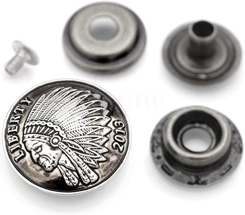 CRAFTMEMORE 2 Sets 1-1/8 Inch Indian Coin Concho Snap Fasteners Ring-Socket Snaps Decorative Closure Button DIY Leather Craft (CHS69X, Antique Sil...