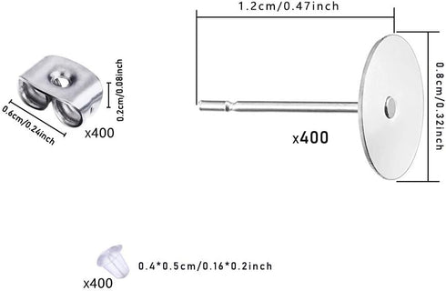 Waybas 600 PCS 8MM Hypoallergenic Stainless Steel Earrings Posts Flat Pad Blank Earrings Pin Studs with Butterfly Earring Backs and Silicone Bulle...