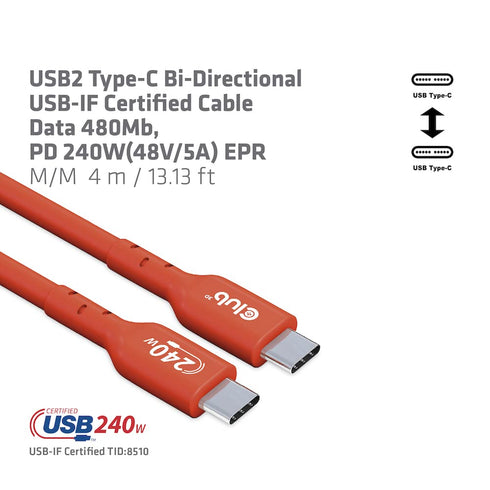 Club 3D CAC-1515 USB2 Type C to Type C Certified Bi-Directional Cable with 240W Charging, 480Mb Data Transmission EPR 4m -13.13ft...