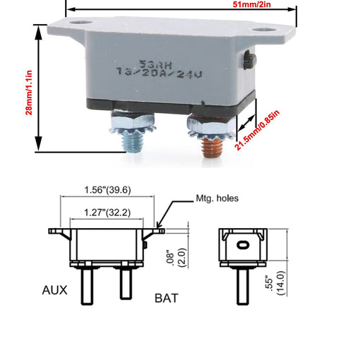 6-28v DC Manual Reset Stud Circuit Breaker Type III with Red Cover for Automotive RV Marine Boat Battery Solar 20A 2pcs...