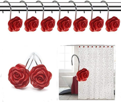 12 PCS Home Fashion Decorative Anti Rust Shower Curtain Hooks Rose Design Shower Curtain Rings Hooks (RED)...