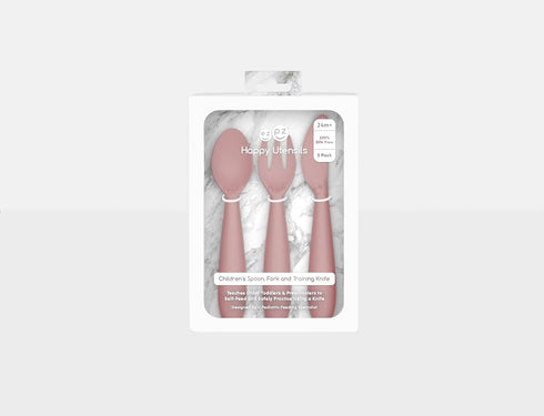 ezpz Happy Utensils - 24 Months+ (Blush) - BPA Free Toddler Utensils - Fork, Spoon and Knife for Toddlers and Preschoolers - Kids Utensils for Sel...