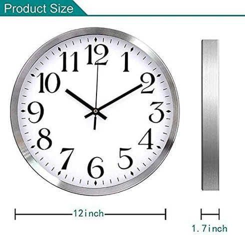 TopOne Silent Wall Clock,Battery Operated 12 inch Accurate Sweep Movement Silver Aluminum Quartz Kitchen/Home/School Patio Decor(White)...