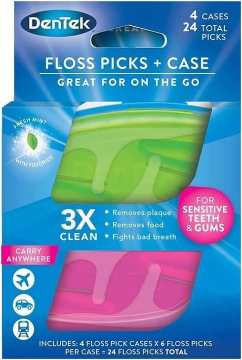 DenTek Floss Picks & Travel Case for On-The-Go, 4 Travel Cases with 6 Floss Picks Each, (Pack of 1)...