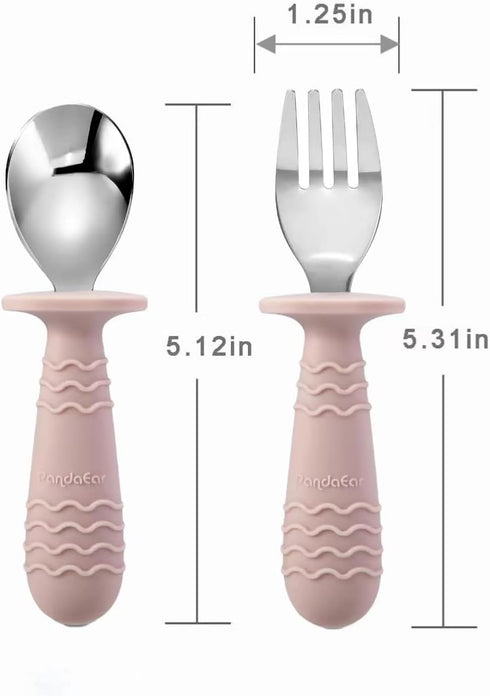 PandaEar 4 Set Baby Toddler Silicone Stainless Steel Utensils Silverware Spoon Fork for Baby Toddler BPA Free with Silicone Holding Anti-Choke Des...