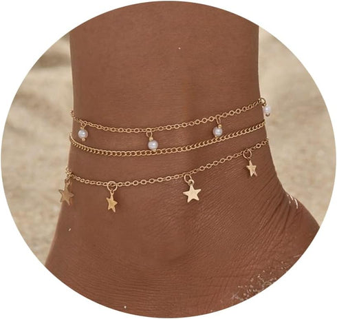 Honsny Gold Ankle Bracelets for Women,14K Gold Plated Cuban Link Anklets Set Layered Anklets for Women...