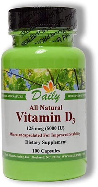 Daily Manufacturing Vitamin D3 5000 IU (125 mcg) 100 Vegetarian Capsules...