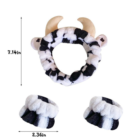 3 PCS Spa Headband Cow Print Ears for Face Washing, Cute Cow Plush Wash Face Elastic Headbands Women Girls Makeup Skincare Bath Head Wrap Kids Cos...