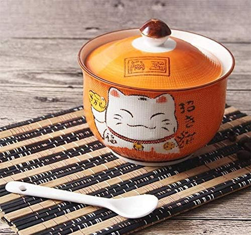 EatingBiting Ceramics Japanese Maneki Neko Lucky Cat Sugar Salt Pepper Storage Jar with Lid And Spoon Sugar Salt Pepper Storage Jar Seasoning Pot ...
