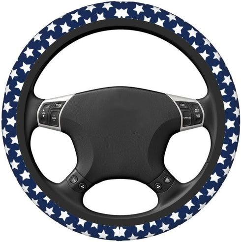 American Flag White Stars on Blue Steering Wheel Covers, Breathable Anti-Slip Sweat Absorption Universal 15 Inch Car Wheel Cover Accessories for M...