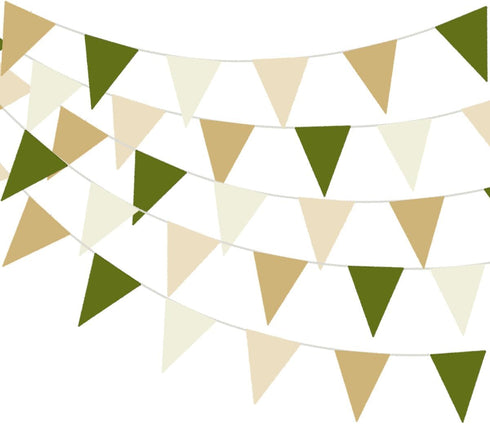 32 Meters 105ft Olive Green Tan Brown Beige Party Bunting Banner Cream Ivory Fabric Pennant Champagne Khaki Triangle Flags, Neutral Decorations fo...