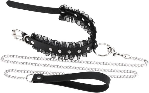 Multicolor PU Simulated Leather Silvert-Tone Rivets O Ring Lace Collar Choker Necklace with Detachable Chain Leash...