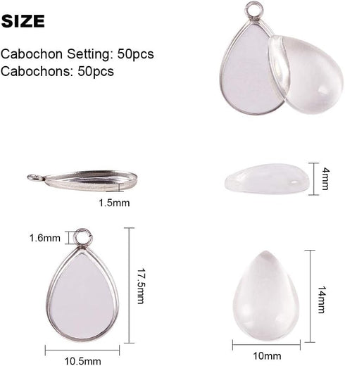 PH PandaHall 100pcs Bezel Pendant Blanks- 50pcs Drop Pendant Trays Photo Charms Cabochons Blanks with 50pcs Glass Cabochons Clear Dome for Wedding...