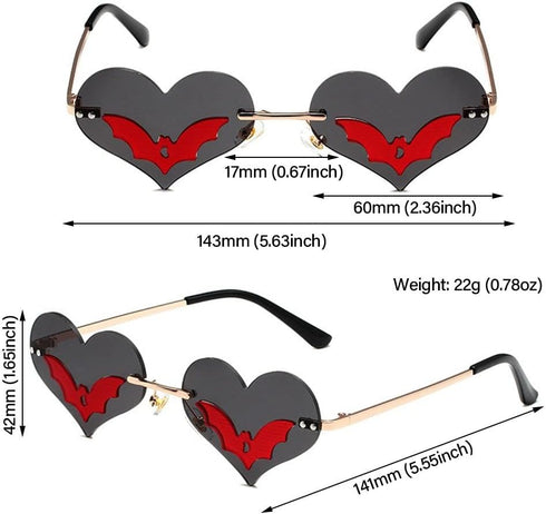 Andy's Orchids Sun Glasses, Heart-shaped Bat Sunglasses, Novel Rimless Goth Glasses for Women Men Festival Party Glasses Trendy Eyewear UV 400 Pro...