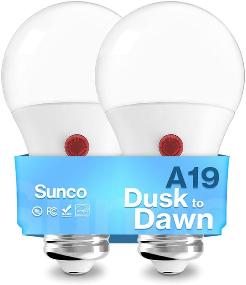 Sunco Lighting 2 Pack Dusk to Dawn Light Bulbs Outdoor Sensor A19 LED Light Bulb, UL, 9W (60W Eqv.), 800lm, Auto On/Off Photocell Automatic for Ou...