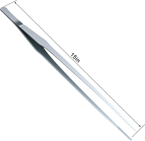 OIIKI 2PCS Stainless Steel Tongs Tweezers, Polished Extra-Long 15 inch Staright Tongs Tweezer, 15 inch Curved Aquarium Tweezer with Precision Serr...