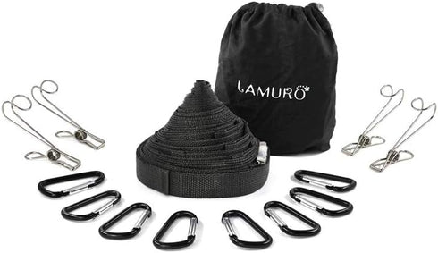 Campsite Storage Strap with 19 Separated Loops for Hanging Camping Equipment, Gear and Supplies | Includes Carabiner Hooks and Clothes Pins | Dura...