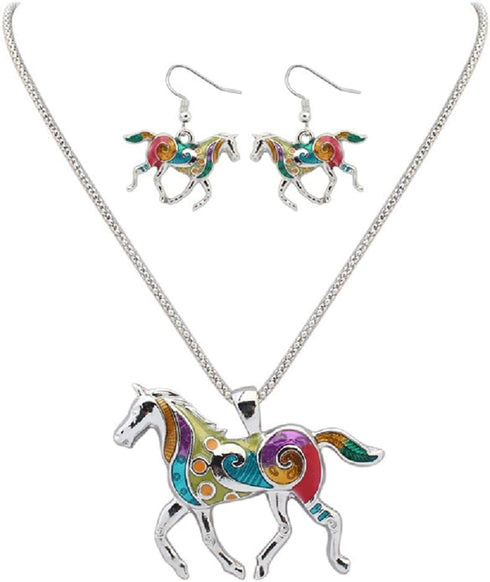 Charms Enamel Rainbow Horse Pendant Necklace with Earrings Jewelry Sets...