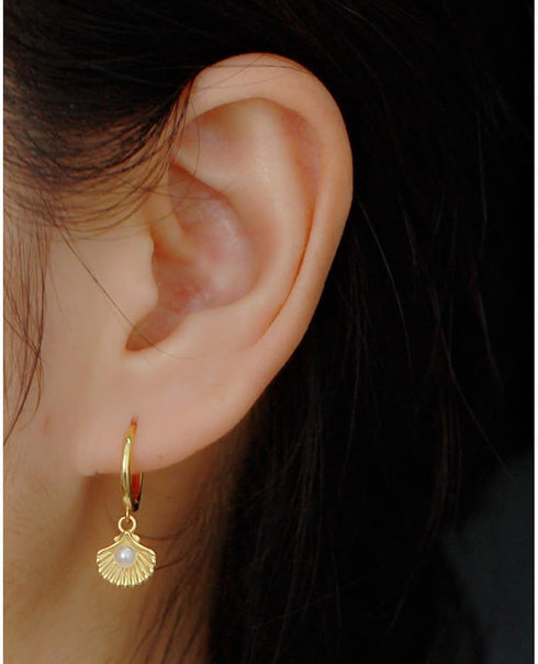 Cute Shell Pearl Huggie Small Hoop Earrings Dangle Drop for Women 925 Sterling Silver 14K Gold Filled Boho Beach Simple Charm Hoops Delicate Hypoa...