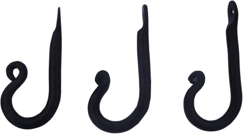 Wrought Iron Coat Hooks Set of 3, Decorative Black Wall Mounted Rustic ~ Blacksmith Handmade Rust Proof Single J Hook for Hanging Robes, Hats, Clo...