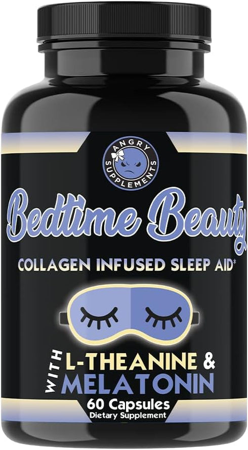 Angry Supplements Bedtime Beauty, Collagen Infused Night Time Sleep Aid, All Natural Pills with L-Theanine, Melatonin, Magnesium & Hyaluronic Acid...