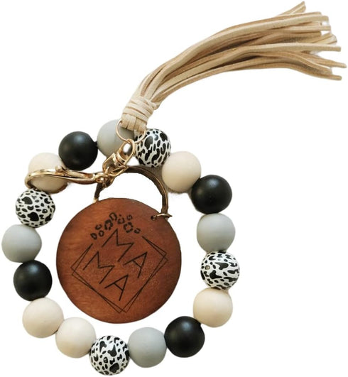 MAMA Keychain wristlet for Moms- Printed Wood with Wood Beads Key Chain, Perfect Accessory for Mom- Great Mother’s Day Gift- Cheetah Print,Christm...
