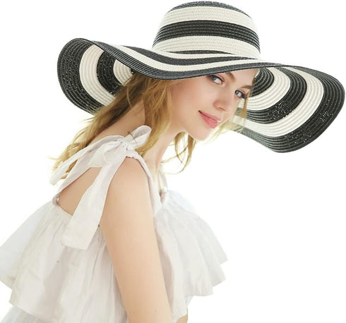 Womens Sun Straw Hat Wide Brim Sun Hat Sun Protection Straw Hat UV Foldable Roll Up Floppy Beach Cap Black and White...