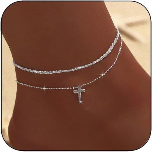 Ankle Bracelets for Women Gold Silver Layered Glitter Anklet for Women Waterproof Beach Cross Anklet Set Dainty Summer Foot Jewelry Gift...