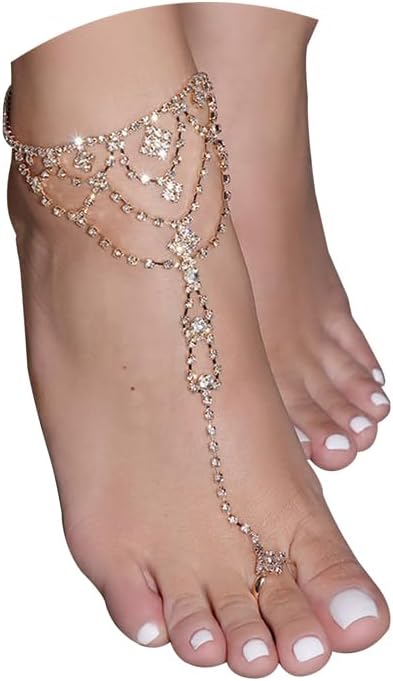 1Pair Summer Beach Water Drop Anklet Rhinestone Toe Ring Foot Chain Bridal Crystal Barefoot Anklet Sandal High Heels Accessories for Women...