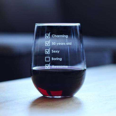 50th Birthday Checklist - Stemless Wine Glass Gift - Funny Bday Gifts for Women and Men Turning 50 - Large 17 Ounce...
