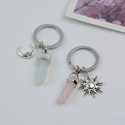 Amosfun 2pcs Crystals Stone Keychain Healing Crystal for Women Hexagonal Crystal Keyring Moon and Sun Keychains Charms Couples Sisters Keychains H...