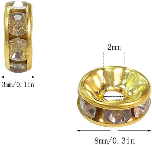 200Pcs Rondelle Spacer Beads Bright Silver Crystal Rondelle Spacer Beads for Jewelry Making (8mm Gold Plated)...