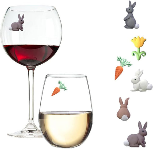 Magnetic Wine Glass Charms - Cute Bunnies and Flower Drink Markers Set of 6...