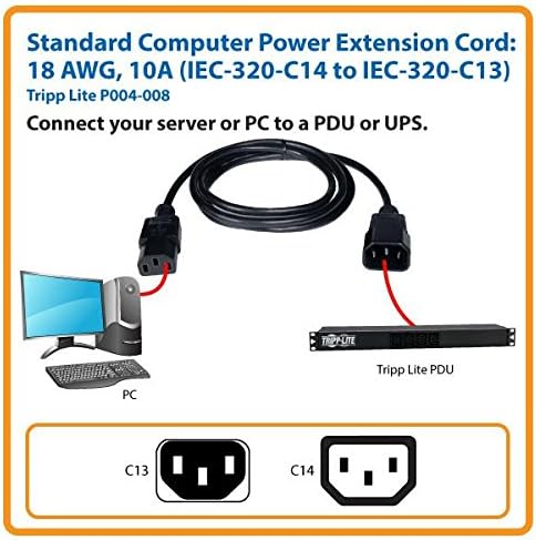 Tripp Lite Standard Computer Power Extension Cord 10A, 18AWG (IEC-320-C14 to IEC-320-C13) 8-ft.(P004-008),Black...