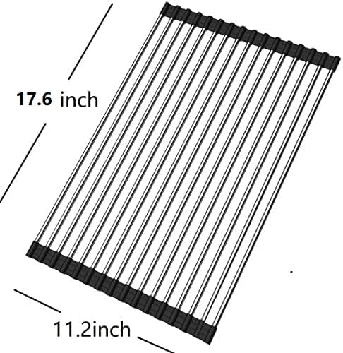 Roll up Dish Drying Rack Over The Sink Portable Stainless Still Rolling Rack Folding Mat for Kitchen Counter (Black, 17.7''LX11.2''W)...
